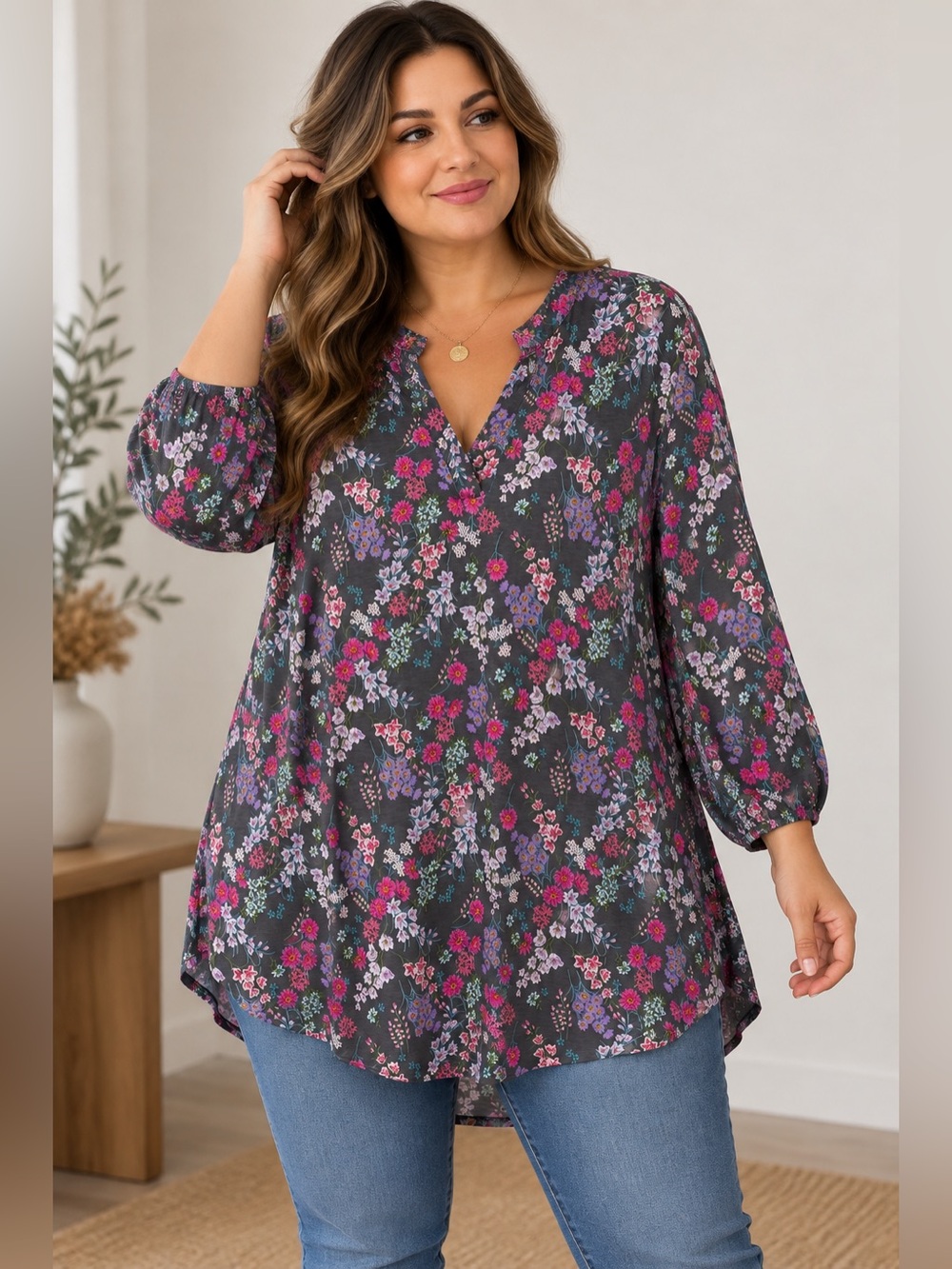Dear Scarlett Floral Roll Tab Sleeve Tunic Blouse Plus Size 3x